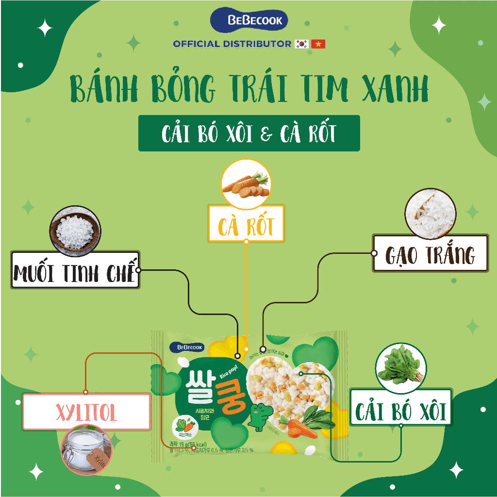 Bánh gạo cho bé ăn dặm BeBecook hình trái tim nhiều vị rau củ quả 15gr/gói