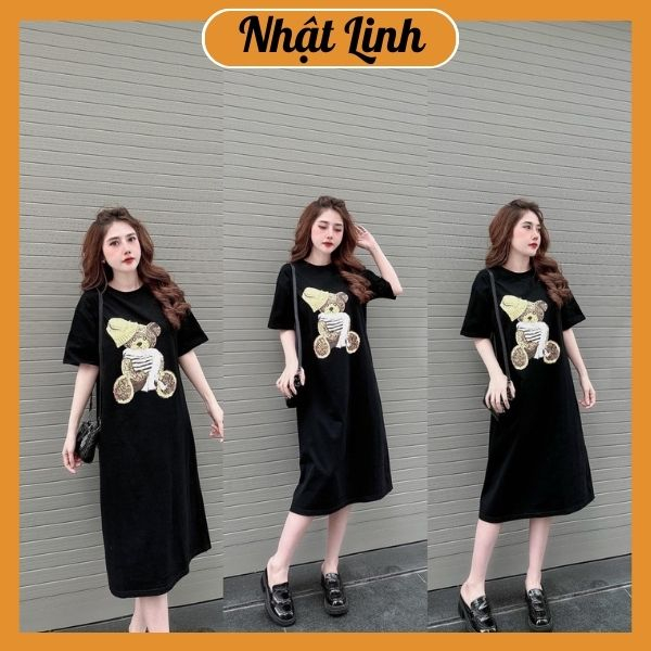 Váy suông nữ, đầm suông dáng dài in hình gấu NHẬT LINH - V750