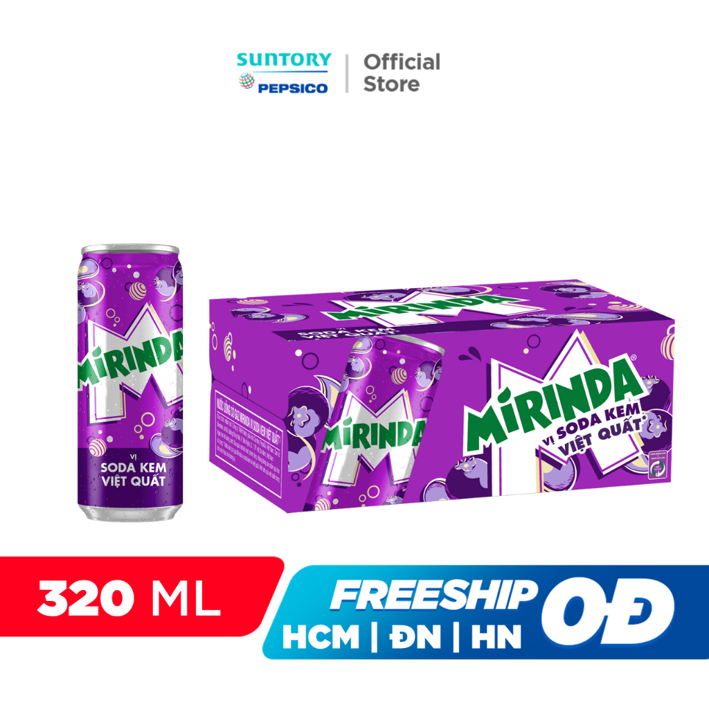 [MUA KÈM DEAL SỐC]Thùng 24 Lon Nước Ngọt Có Gaz Mirinda Soda Kem Việt Quất (320ml/lon)