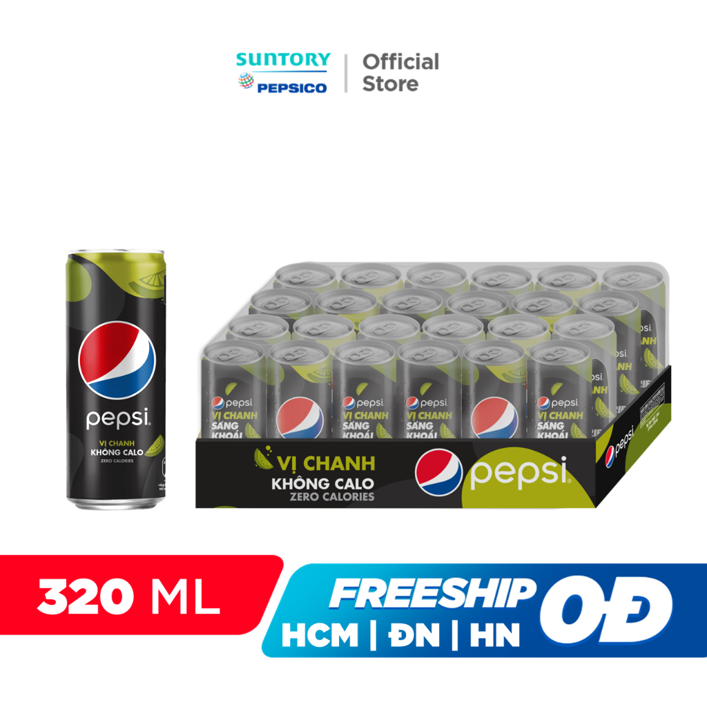 [MUA KÈM DEAL SỐC]Thùng 24 Lon Nước Uống Có Gaz Pepsi Vị Chanh Không Calo (320ml/lon)