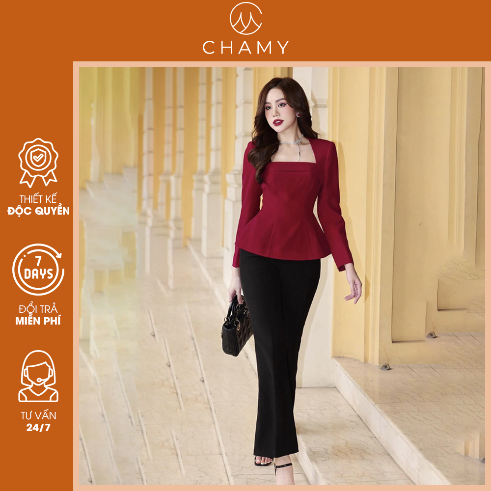 Áo dài tay nữ Abir Shirt cổ cách điệu tinh tế, hách eo siêu nhỏ nhắn vải chất chéo hàn thiết kế CHAMY