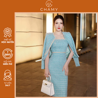 Set áo khoác + váy Julita kiểu dáng sang trọng sexy mặc dự tiệc, chất vải dạ tweed cao cấp thiết kế CHAMY