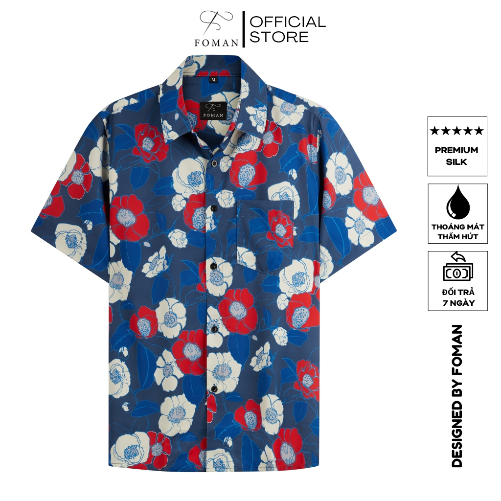 Áo Sơ mi Nam hoạ tiết Reditue Hoa Nhiệt Đới FOMAN tay ngắn vải Lụa, thoáng khí, thấm hút, chống nhăn, chống nhàu