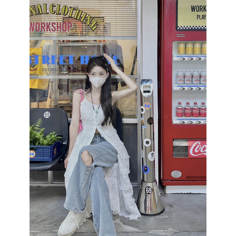 ROSALEE Áo hai dây ren dài xẻ tà phong cách thời trang nữ Clia Top