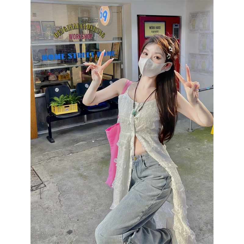 ROSALEE Áo hai dây ren dài xẻ tà phong cách thời trang nữ Clia Top