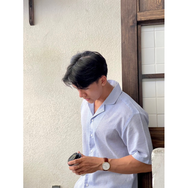 Áo sơ mi ngắn tay cuban Robus sọc xanh trắng không nhăn Wave shirt