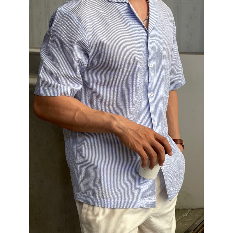 Áo sơ mi ngắn tay cuban Robus sọc xanh trắng không nhăn Wave shirt