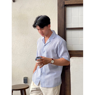 Áo sơ mi ngắn tay cuban Robus sọc xanh trắng không nhăn Wave shirt