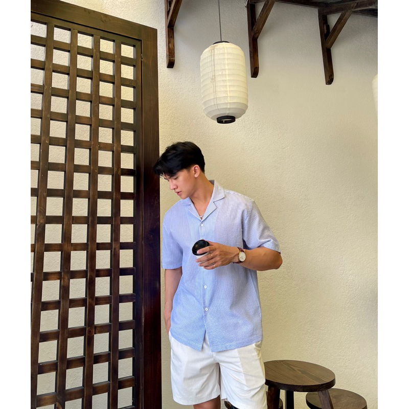 Áo sơ mi ngắn tay cuban Robus sọc xanh trắng không nhăn Wave shirt
