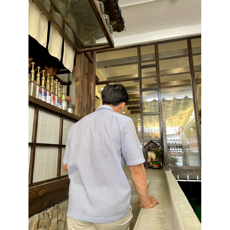 Áo sơ mi ngắn tay cuban Robus sọc xanh trắng không nhăn Wave shirt