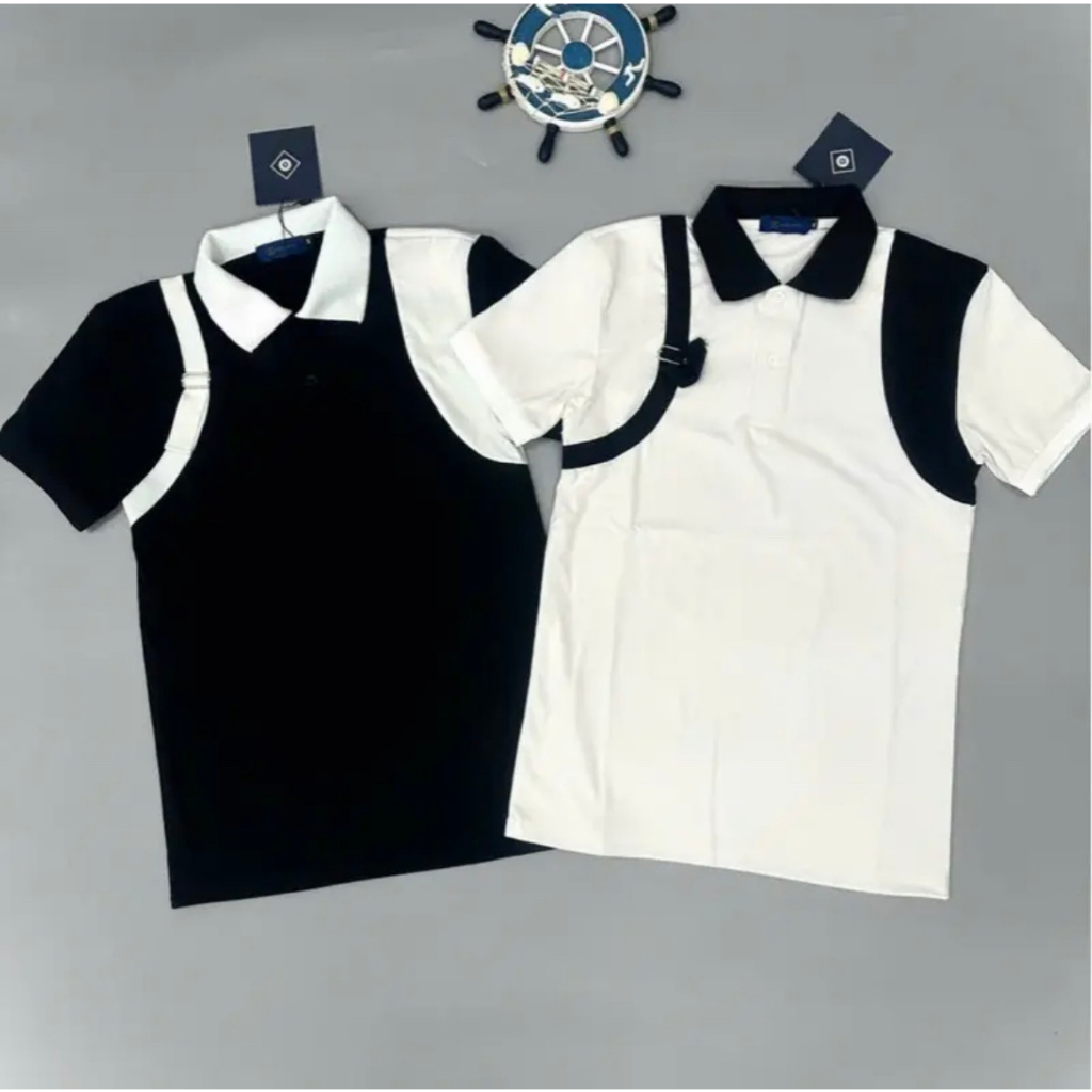 Áo polo nam phối tay dây đai form rộng chất cotton, áo phông nam nữ cổ bẻ ngắn tay thời trang