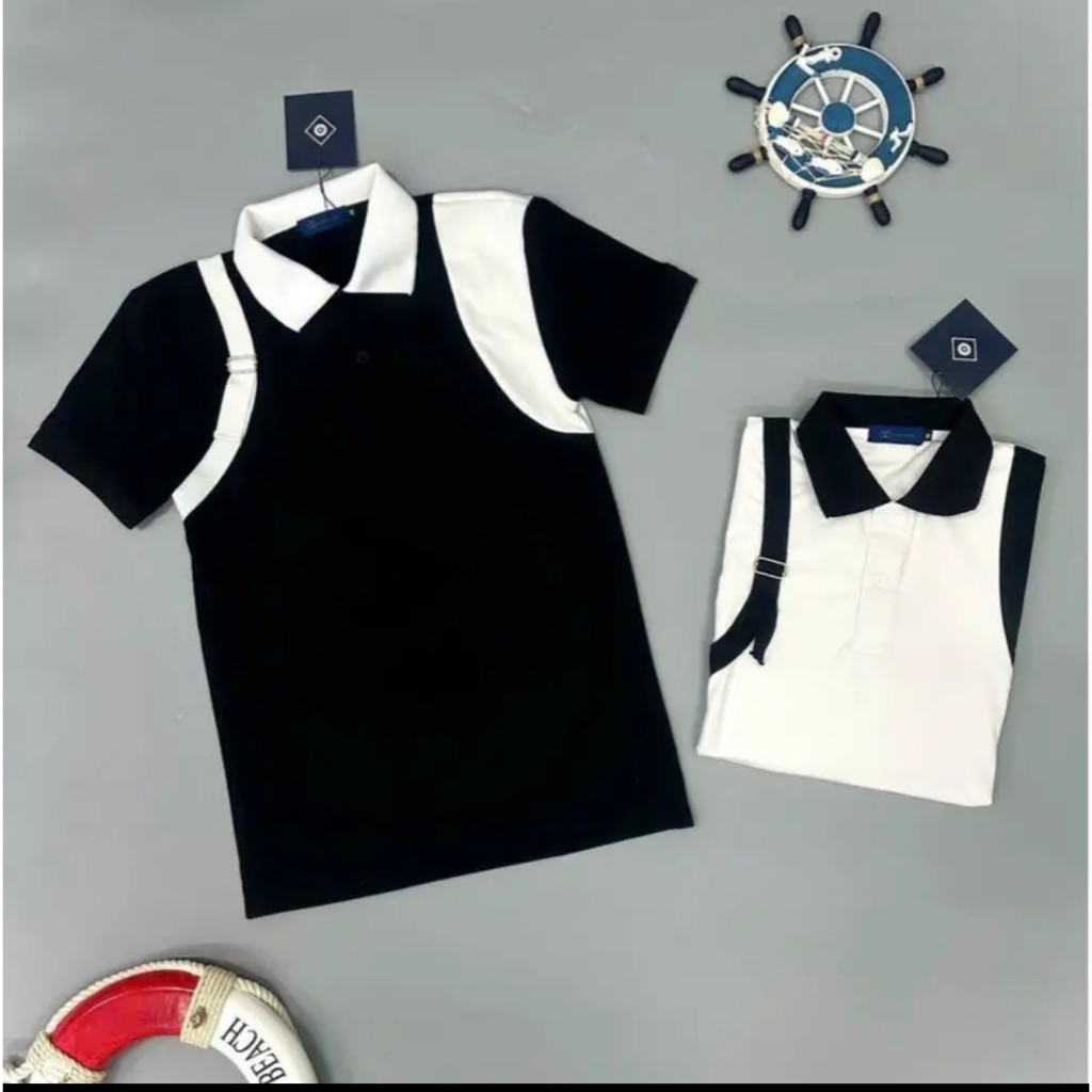 Áo polo nam phối tay dây đai form rộng chất cotton, áo phông nam nữ cổ bẻ ngắn tay thời trang