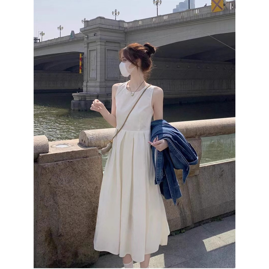Đầm váy trắng babydoll dáng dài xếp ly không tay, váy tiểu thư mặc ở nhà, đi chơi biển 2 lớp | BigBuy360 - bigbuy360.vn