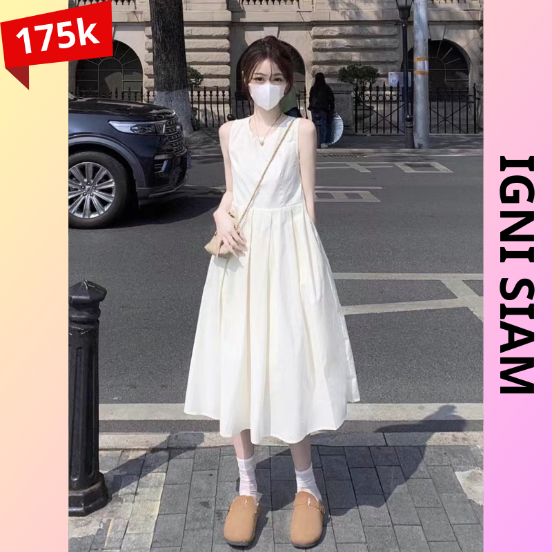 Đầm váy trắng babydoll dáng dài xếp ly không tay, váy tiểu thư mặc ở nhà, đi chơi biển 2 lớp