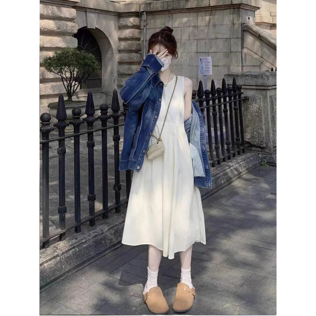 Đầm váy trắng babydoll dáng dài xếp ly không tay, váy tiểu thư mặc ở nhà, đi chơi biển 2 lớp | BigBuy360 - bigbuy360.vn