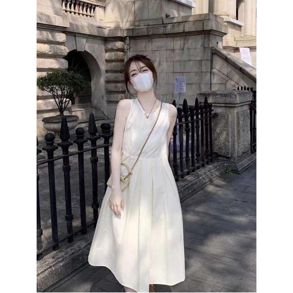 Đầm váy trắng babydoll dáng dài xếp ly không tay, váy tiểu thư mặc ở nhà, đi chơi biển 2 lớp | BigBuy360 - bigbuy360.vn
