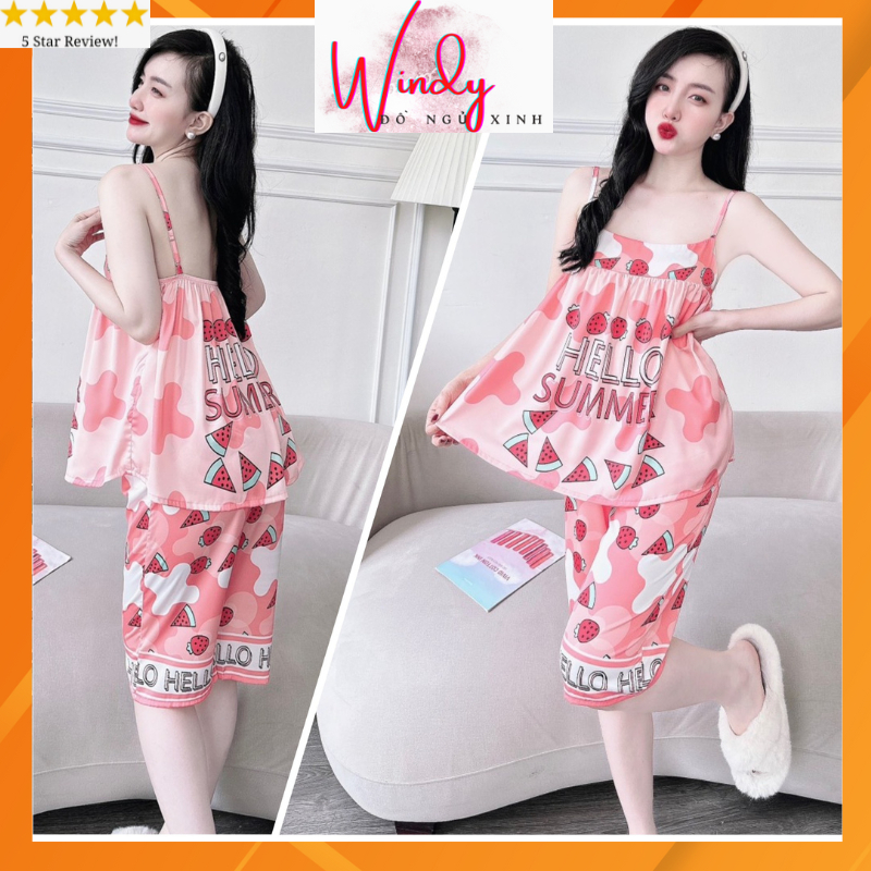 Đồ bộ ngủ nữ 2 dây xinh đẹp quyến rũ quần lửng hàng thiết kế chất lụa latin in 3D siêu mịn mát, Freesize dưới 60kg WINDY