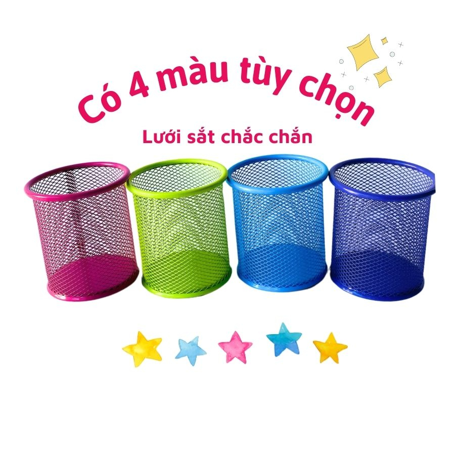 Ống đựng bút lưới sắt hình tròn 4 màu để bàn văn phòng, bàn học, bàn làm việc