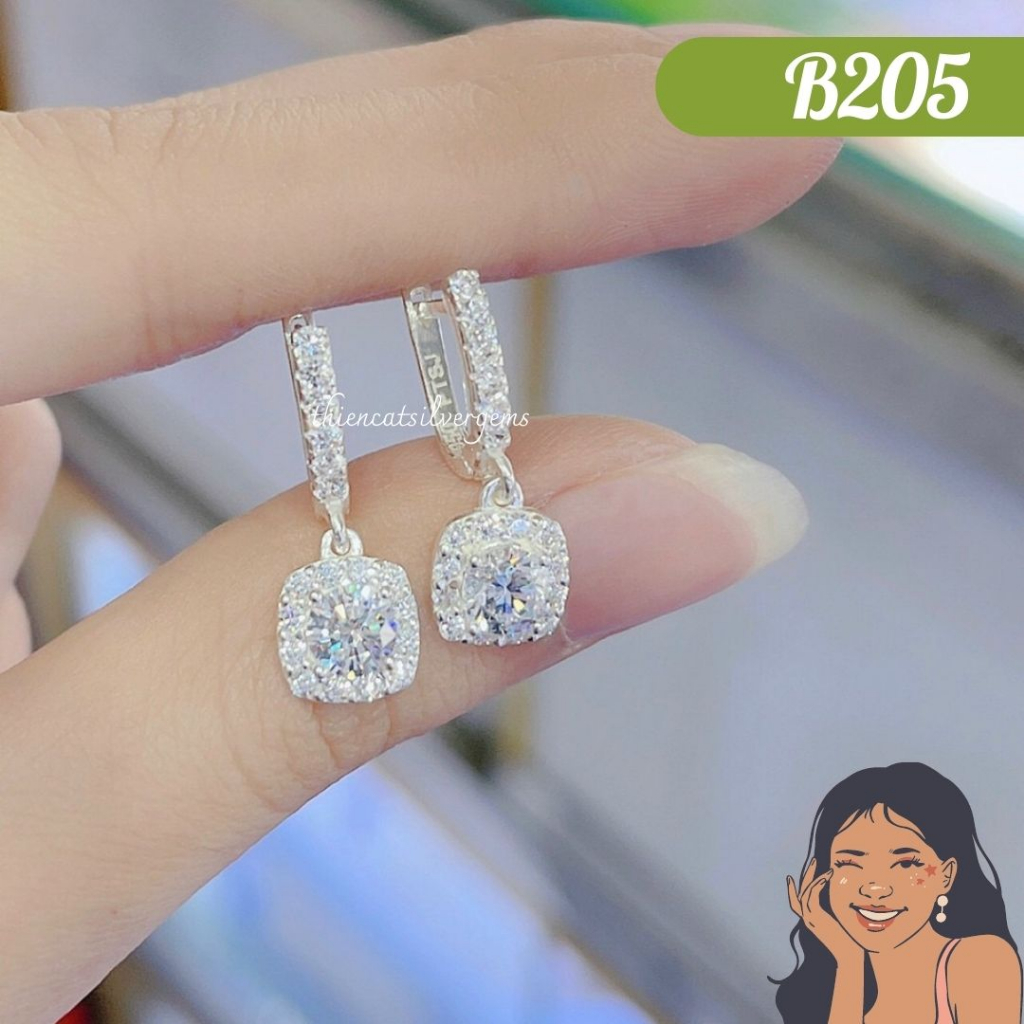 B205 Bông tai khoen tòn ten cushion đính đá Bạc thật Thiên Cát s950