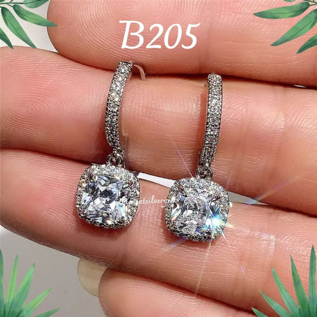 B205 Bông tai khoen tòn ten cushion đính đá Bạc thật Thiên Cát s950
