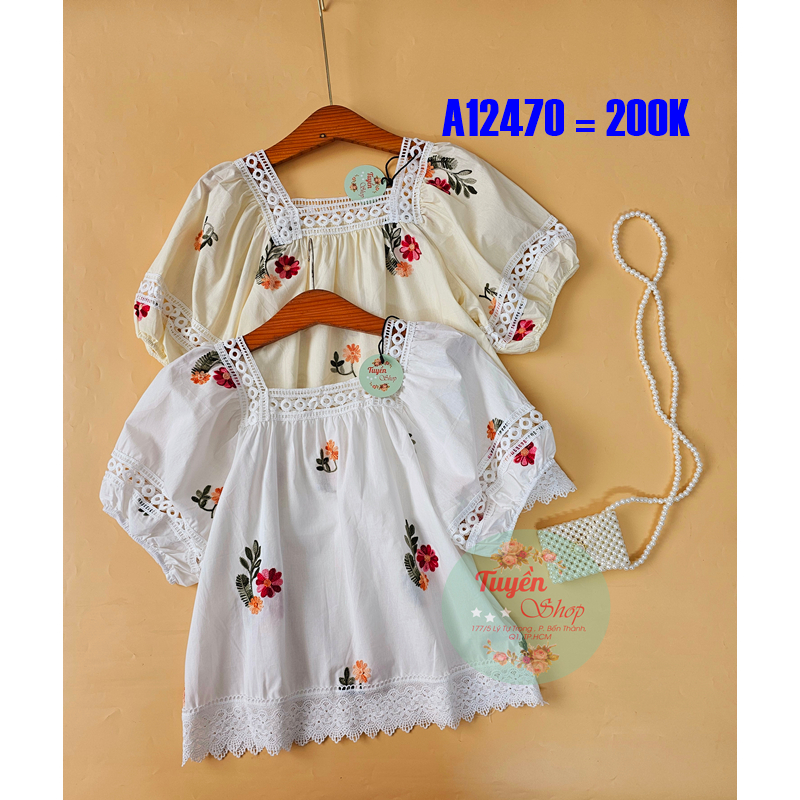 Áo cổ vuông phối ren xinh xắn