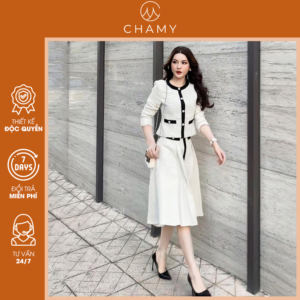 Set áo khoác + chân váy Grace phong cách công sở, thanh lịch chất vải dạ tweed cao cấp CHAMY