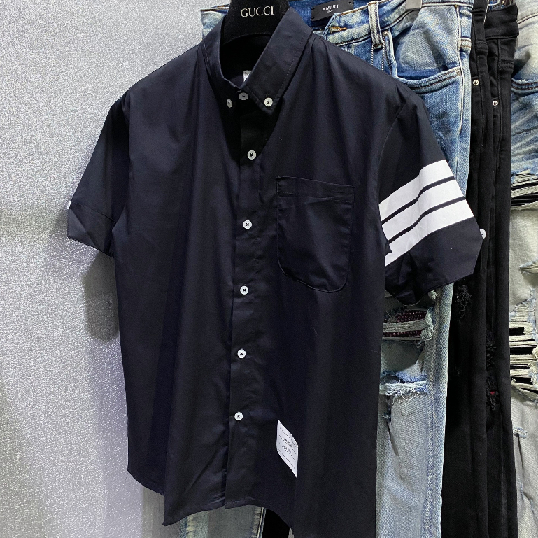 Áo Sơ Mi Nam Thome Phối Ba Vạch Tay Hot 2023_Áo Sơ Mi Cọc Tay Nam Chất Vải Thô Quảng Trâu | BigBuy360 - bigbuy360.vn