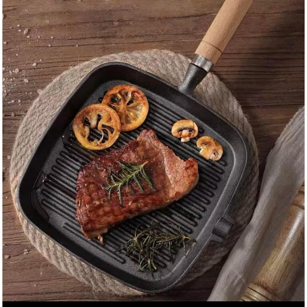 Chảo nướng chống dính cán gỗ beefsteak size 22cm, chảo gang đúc nguyên khối dùng bếp từ