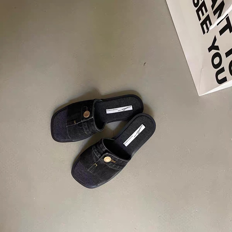 Dép denim vải bò jean khuy cài cao cấp HEMIN SHOES