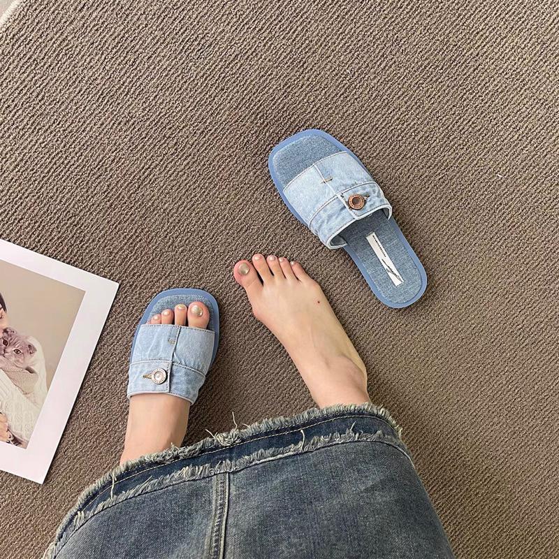 Dép denim vải bò jean khuy cài cao cấp HEMIN SHOES