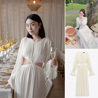 Phong cách Pháp váy xếp ly eo cổ tròn tay dài dáng rộng khí chất màu be hàng xuất ZR cho nữ 2023