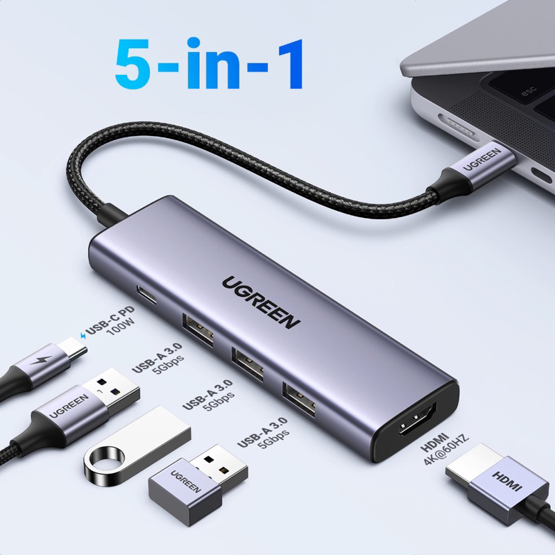 Cáp Chuyển Hub Ugreen 5 In 1 USB Type C Sang HDMI + USB 3.0*3 + PD Ugreen 50209 Chính Hãng Việt Nam