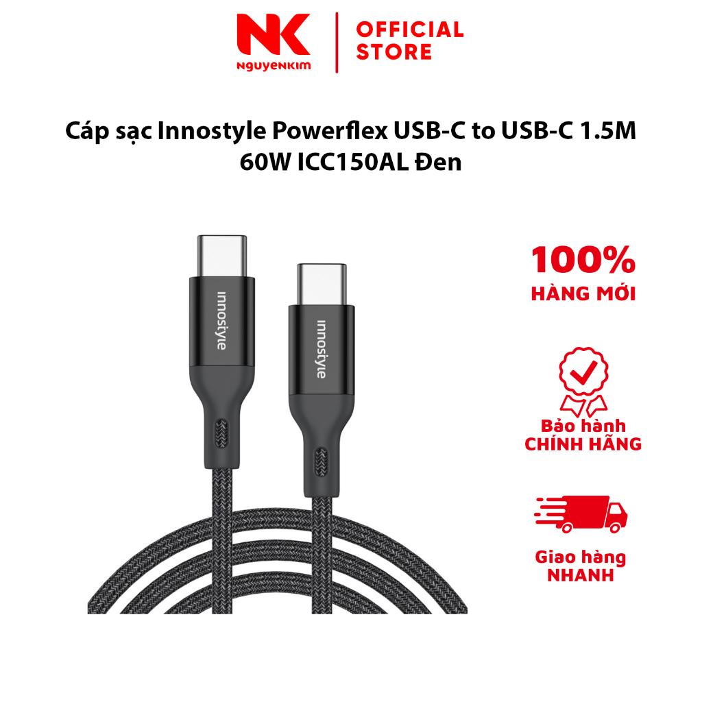 Cáp sạc Innostyle Powerflex USB-C to USB-C 1.5M 60W ICC150AL Đen