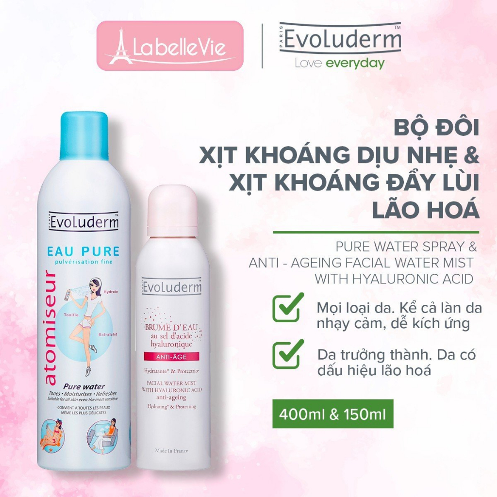 Bộ Xịt khoáng chăm sóc da Evoluderm tinh chất Hyaluronic Acid làm chậm lão hóa cho làn da tươi sáng 400ml và 150ml