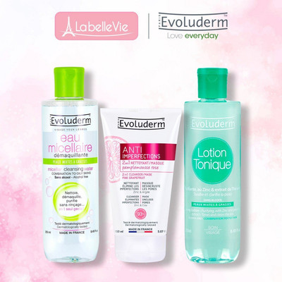 Bộ 3 sản phẩm dành cho da dầu mụn Evoluderm giúp giảm thâm và mụn, làm sạch, cho làn da mịn màng tươi sáng