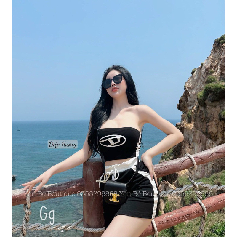 SET ÁO ỐNG CÚP NGỰC IN LOGO KÈM CHÂN VÁY ÔM VIỀN SỌC