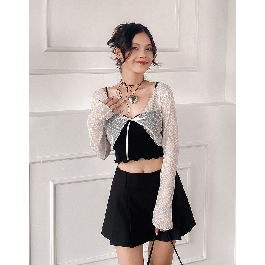 DALLA Áo ren trắng cột nơ/cuốn biên