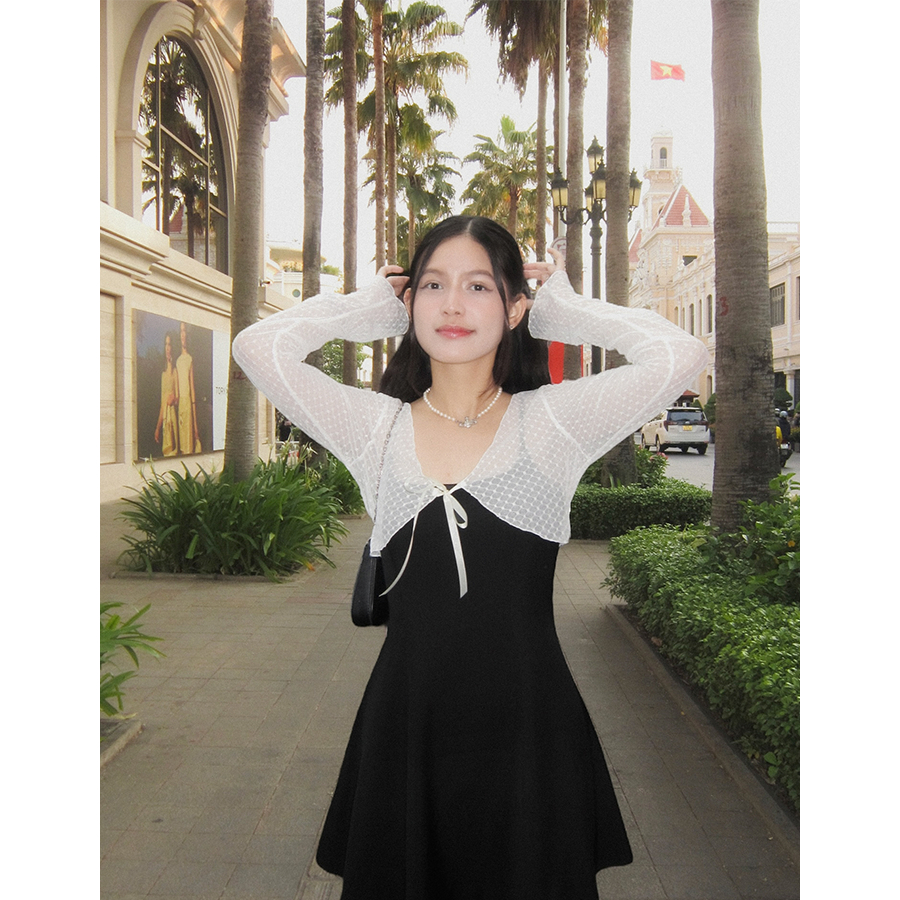 DALLA Áo ren trắng cột nơ/cuốn biên