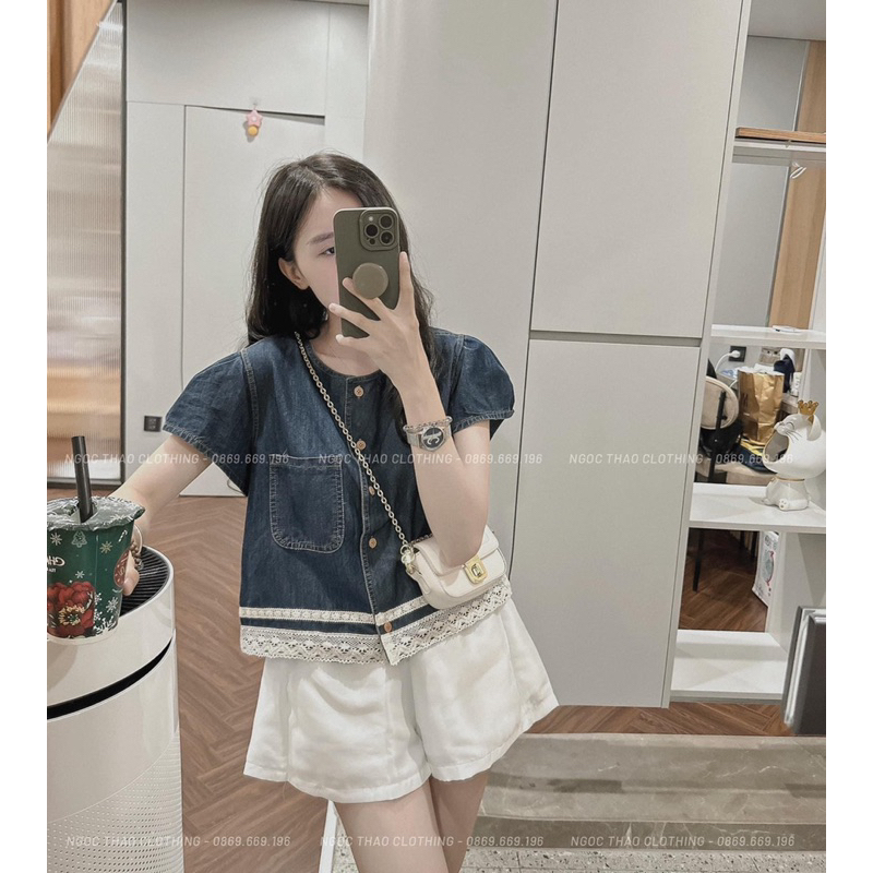 Áo demin mềm phối ren viền dưới tay áo cánh tiên hàng qC loại 1 hàng nhà Gill ảnh thật cuối - sẵn
