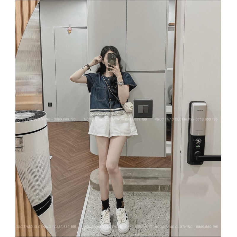 Áo demin mềm phối ren viền dưới tay áo cánh tiên hàng qC loại 1 hàng nhà Gill ảnh thật cuối - sẵn