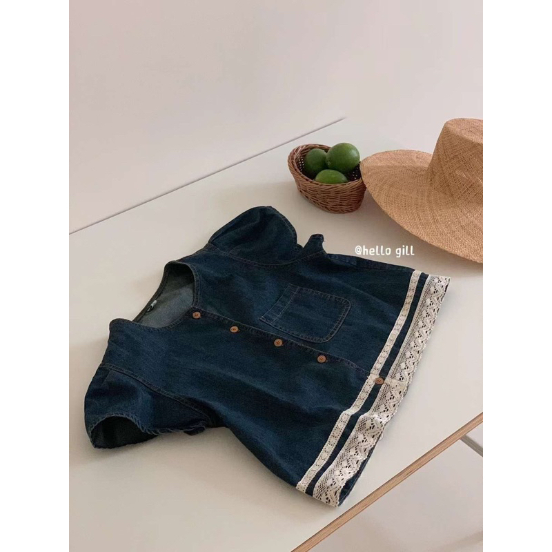 Áo demin mềm phối ren viền dưới tay áo cánh tiên hàng qC loại 1 hàng nhà Gill ảnh thật cuối - sẵn