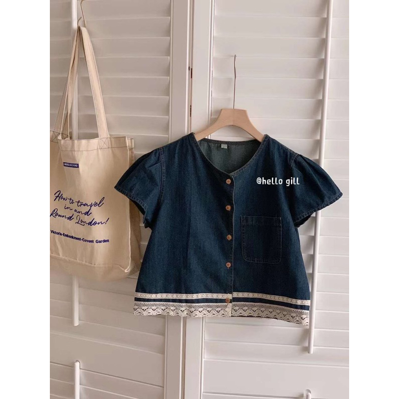 Áo demin mềm phối ren viền dưới tay áo cánh tiên hàng qC loại 1 hàng nhà Gill ảnh thật cuối - sẵn