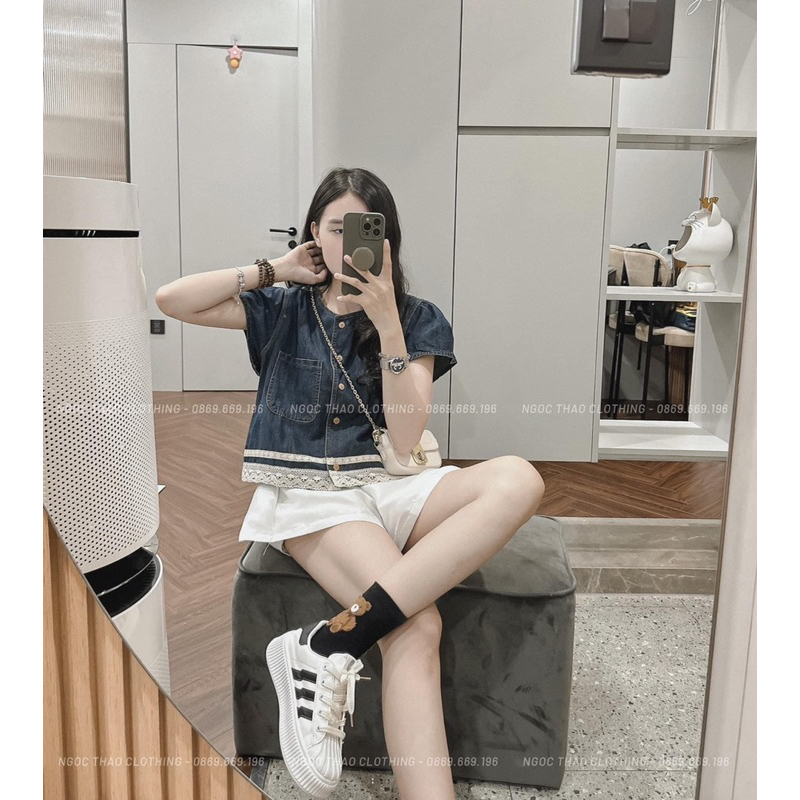 Áo demin mềm phối ren viền dưới tay áo cánh tiên hàng qC loại 1 hàng nhà Gill ảnh thật cuối - sẵn