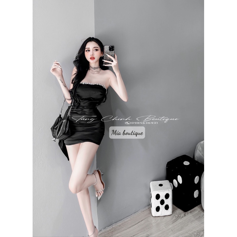 Váy body lụa cúp ngực bèo sườn mix viền đá sang chảnh