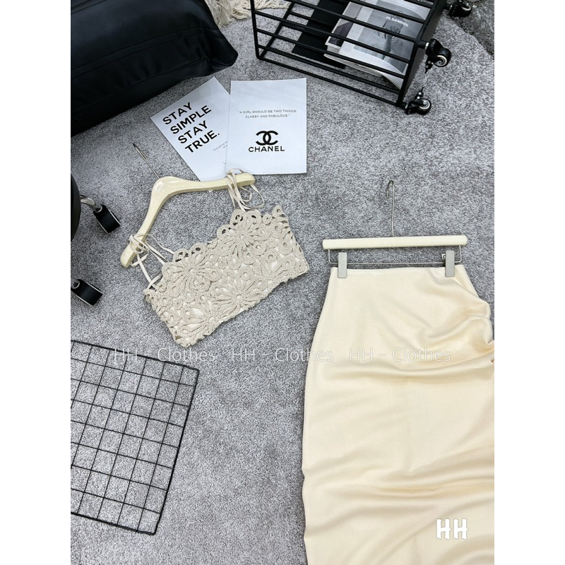 🌸 Set áo croptop đan hoa x chân váy co giản xẻ tà rúm hông  🌸