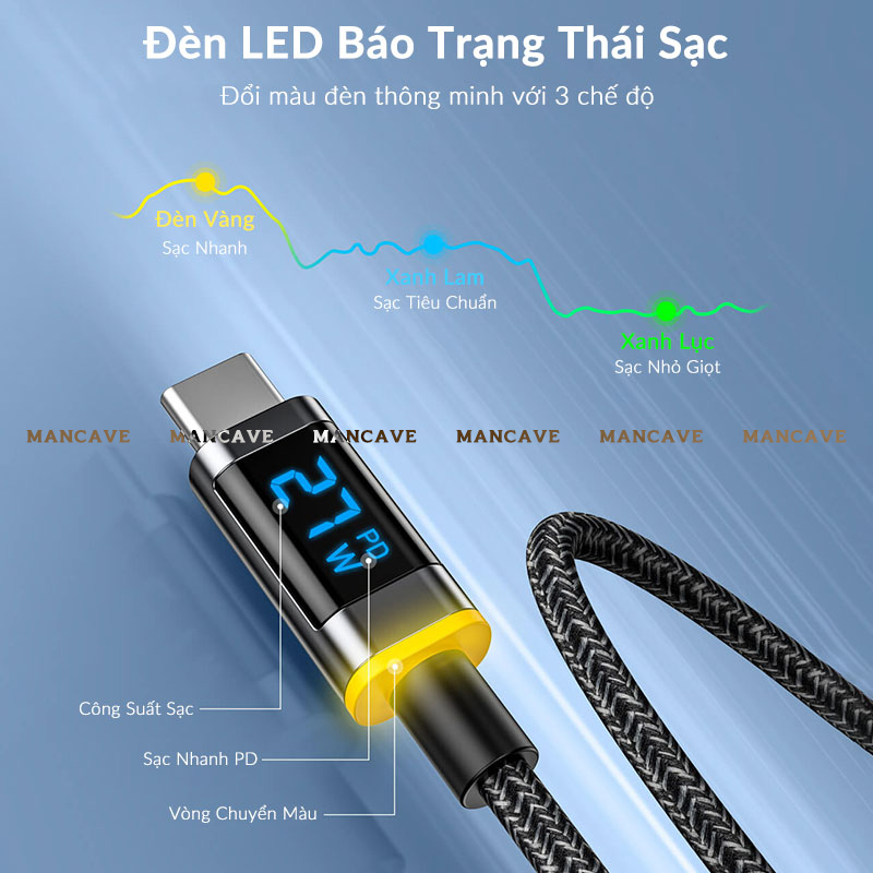 Cáp Sạc 27W MFi AOHI MaglinePro+ Chip Xử Lý Thông Minh, Dây Bện Nylon Chống Đứt Gãy, Led Báo Sạc 3 Màu Cho iP 14 Pro Max