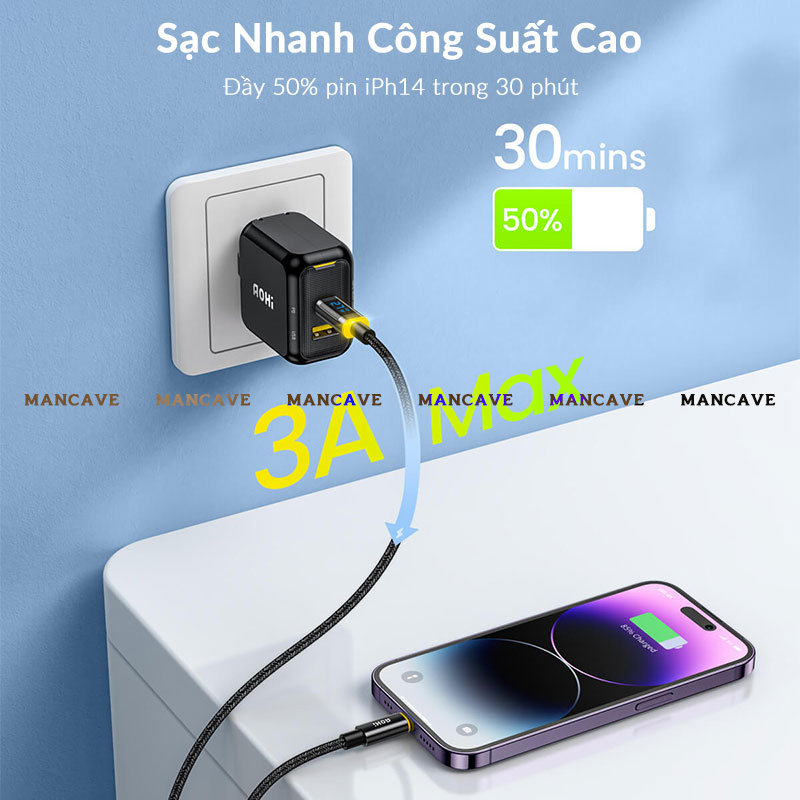Cáp Sạc 27W MFi AOHI MaglinePro+ Chip Xử Lý Thông Minh, Dây Bện Nylon Chống Đứt Gãy, Led Báo Sạc 3 Màu Cho iP 14 Pro Max