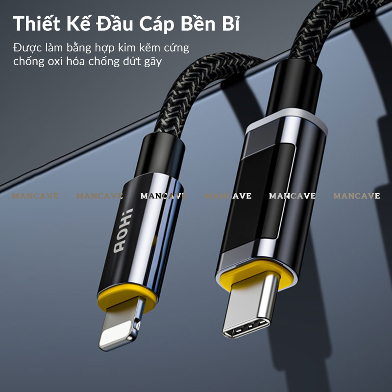 Cáp Sạc 27W MFi AOHI MaglinePro+ Chip Xử Lý Thông Minh, Dây Bện Nylon Chống Đứt Gãy, Led Báo Sạc 3 Màu Cho iP 14 Pro Max