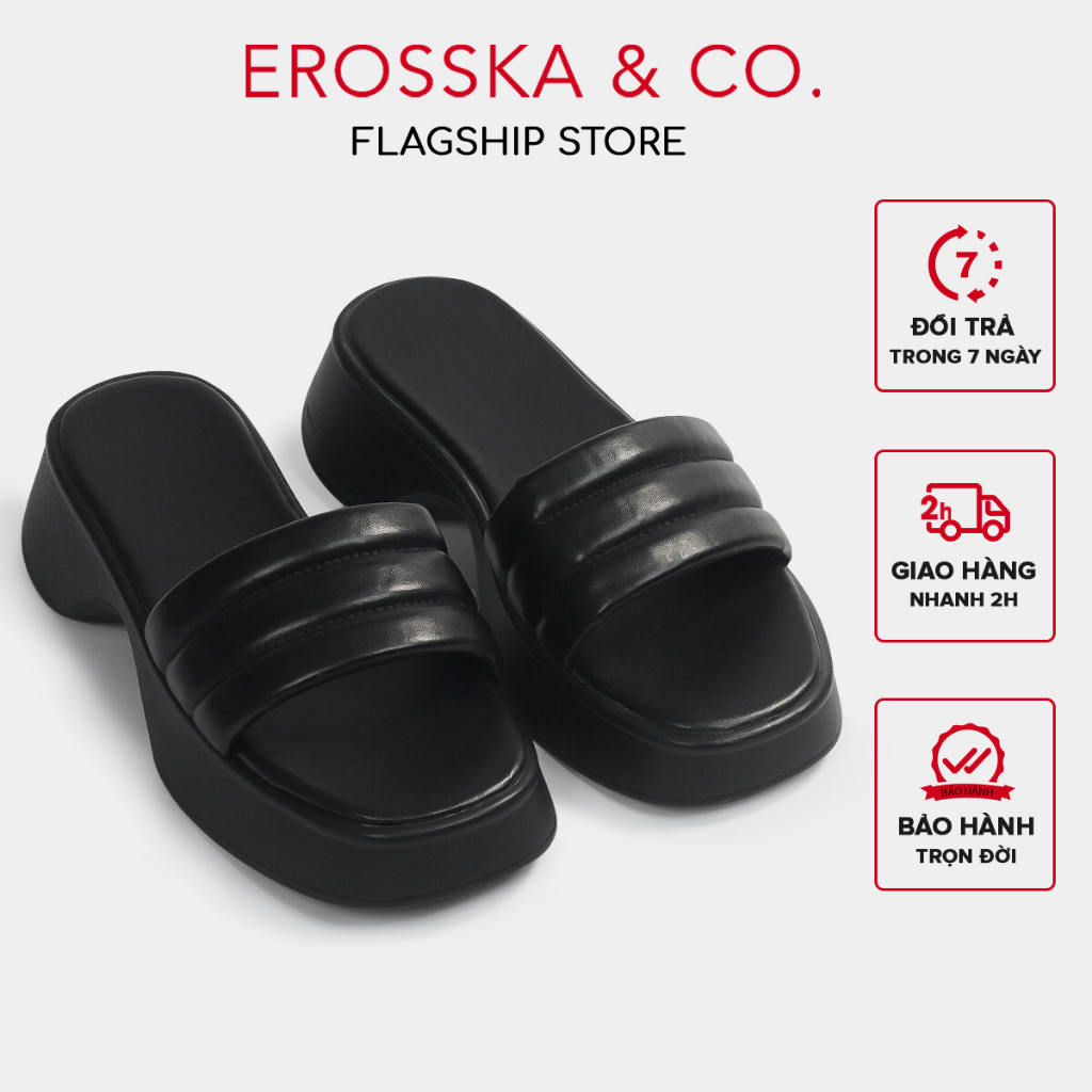 Erosska - Dép nữ quai ngang đế xuồng phong cách cá tính cao 3cm màu đen - SB002