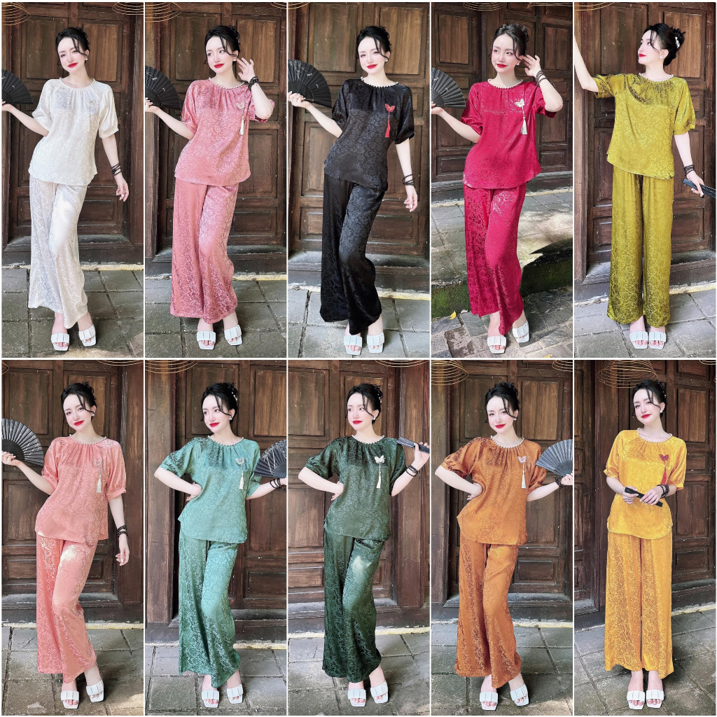 Bộ đồ ngủ nữ cao cấp VY LINH vải gấm đính bướm mặc mềm mại, thoáng mát, sang trọng s1001
